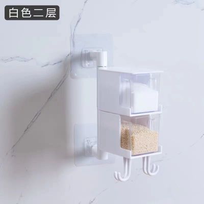 调料盒套装旋转厨房盐罐壁挂免打孔家用调味罐佐料瓶组合装收纳盒 白色两层[壁挂式免打孔送两勺子]