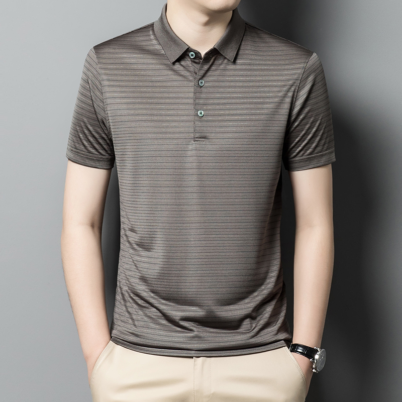 2023年夏季新款桑蚕丝男条纹翻领Polo衫宽松休闲凉感短袖 T恤 180/96A150-165斤 卡其