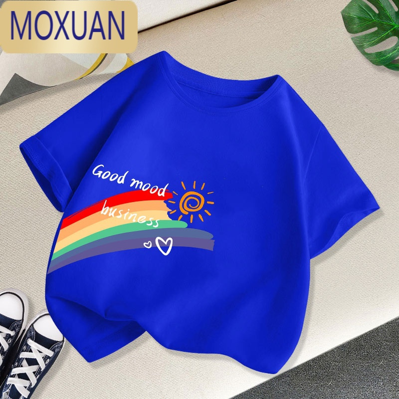 moxuan女童彩虹图案半袖儿童新品短袖t恤童装男童卡通韩版上衣薄款t恤
