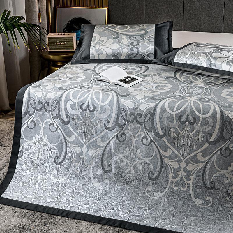 美帮汇凉席1.5米1.8m床单人宿舍夏季冰丝软席子夏凉席可折叠水洗三件套2 全季-600D提花冰丝凉席(欧文灰) 1.8m（6英尺）床