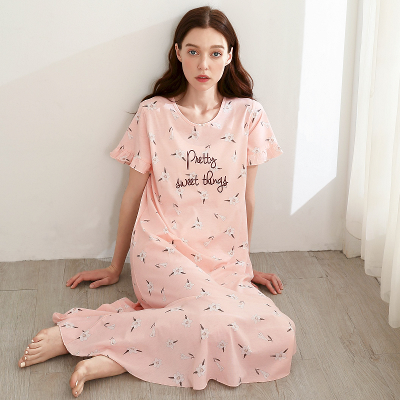 红豆居家hodohome女士睡裙女式纯棉圆领荷叶边甜美可爱短袖中长款家居