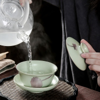 常生源 茶具 茶杯子盖碗仿宋汝窑开片泡茶三才碗茶杯 银荷汝窑盖碗