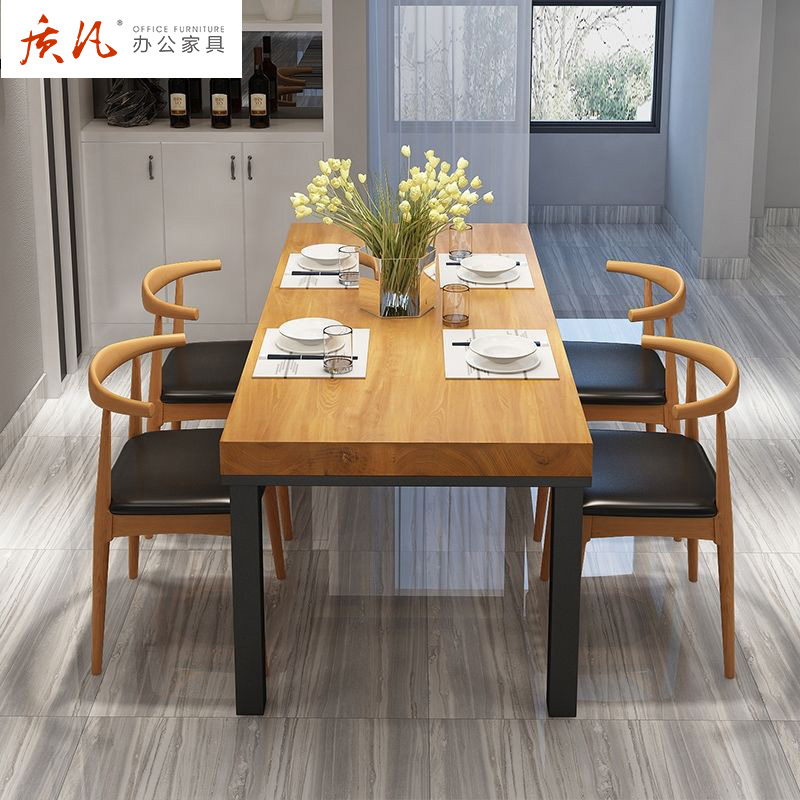 质凡工业风铁艺实木餐桌椅组合长方形休闲餐厅食堂饭馆小吃店桌椅