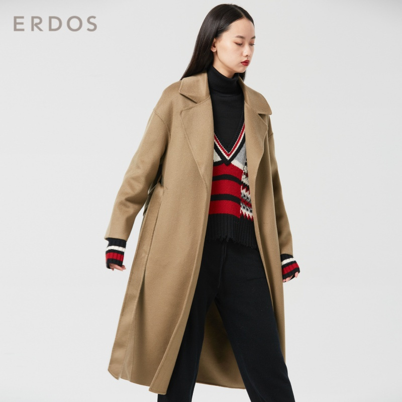 ERDOS 翻领系带女长款毛绒手缝双面呢大衣羊绒外套