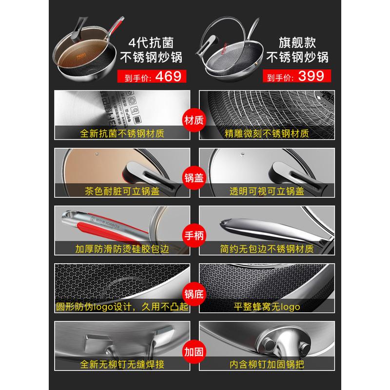 康巴赫第三四代316L不锈钢家用燃气电磁炉煎炒菜不粘锅 不锈钢色高清大图