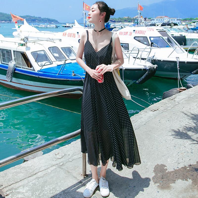 2017夏季新品女装无袖带中长裙子雪纺连衣裙波西米亚海边沙滩裙图片色