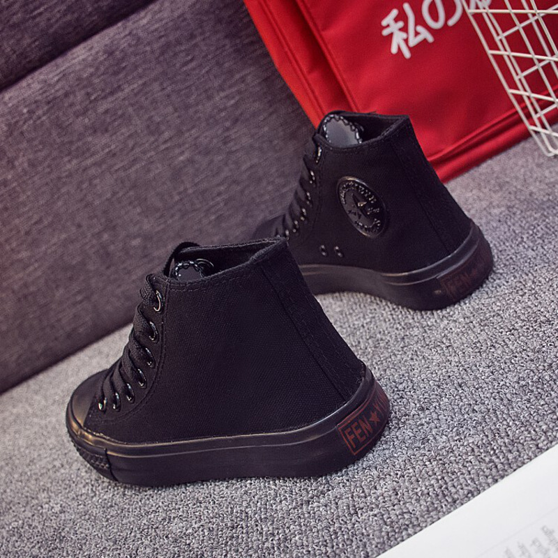 bomina高帮黑色帆布鞋黑色男休闲布鞋女韩版潮鞋学生板鞋高邦男