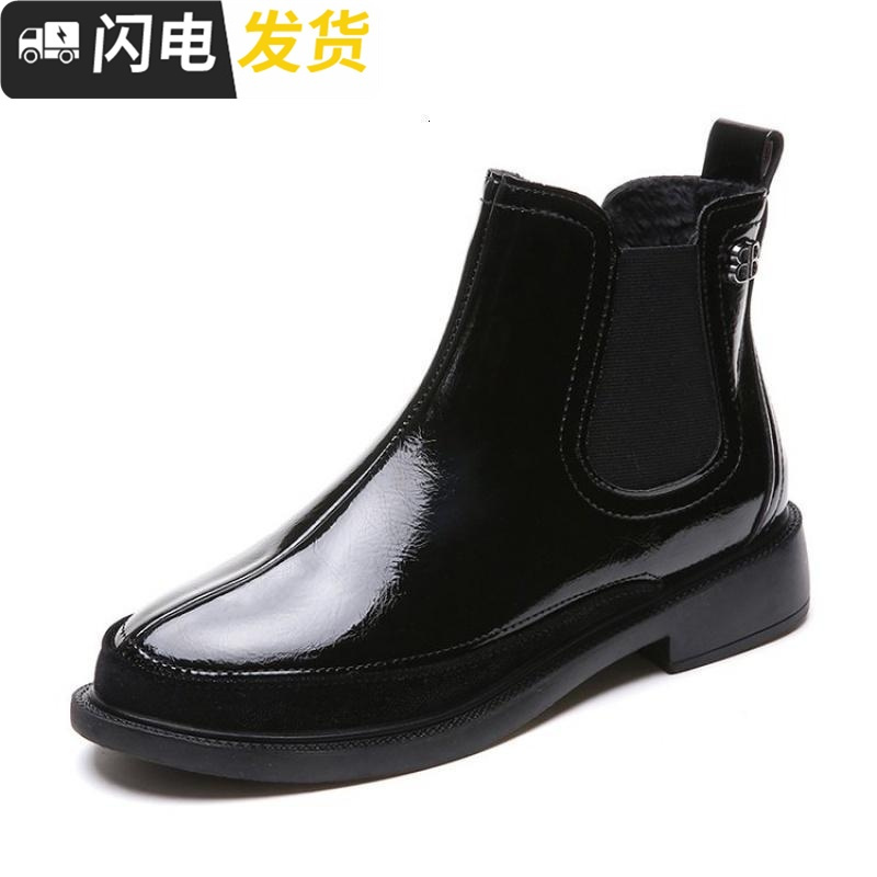 漆皮平底女短靴2022新款瘦瘦英伦加绒ins马丁靴冬季大棉亮面BB靴启如休闲鞋休闲鞋