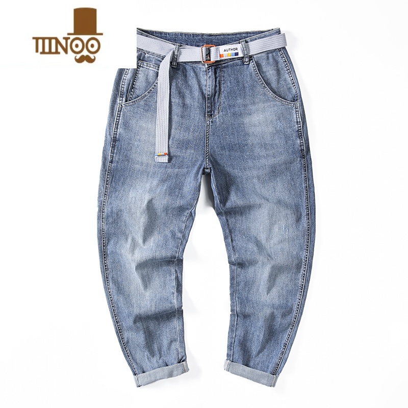 YANXU美式高街裤子男士浅色牛仔裤男夏季薄款直筒宽松潮牌九分休闲小脚高清大图