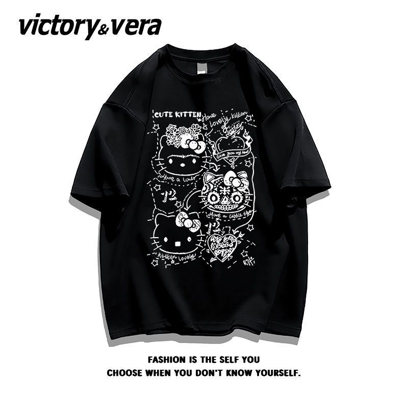 VICTORYVERA美式复古印花短袖T恤女卡通潮牌纯棉宽松半袖上衣chic