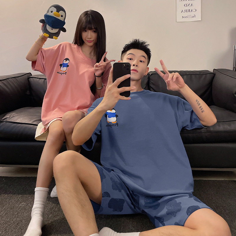 情侣秋冬季卡通套头睡衣短袖短裤女宽松休闲男士家居服可外穿套装高清大图