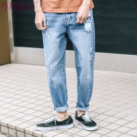 东京衣柜男装韩版新款潮流男士破洞牛仔裤纯色春季街头潮休闲长裤浅牛仔蓝