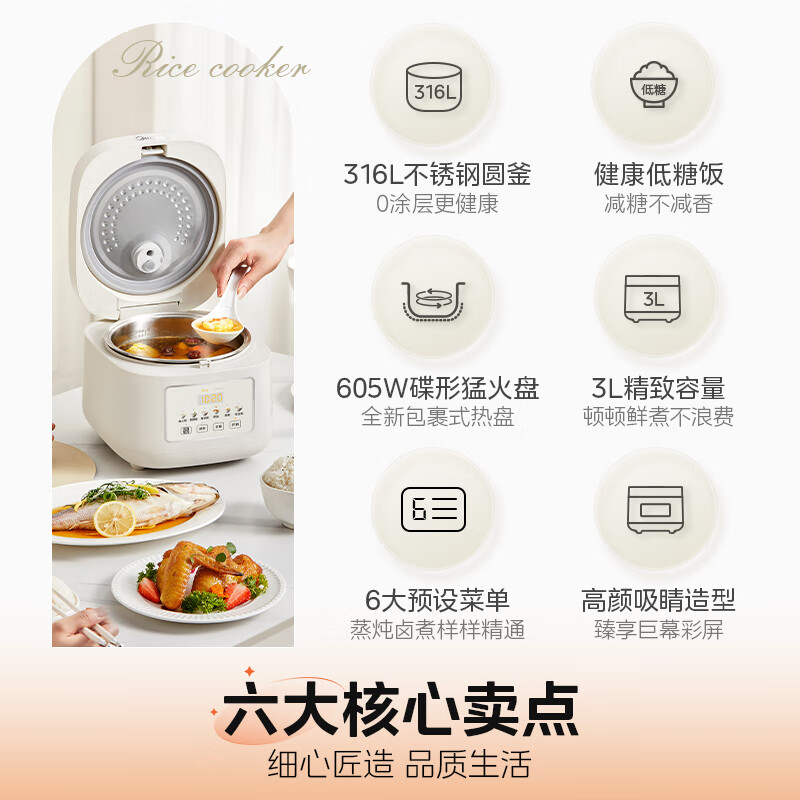 美的(Midea)3升容量低糖0涂层电饭煲MB-3E91LS高清大图