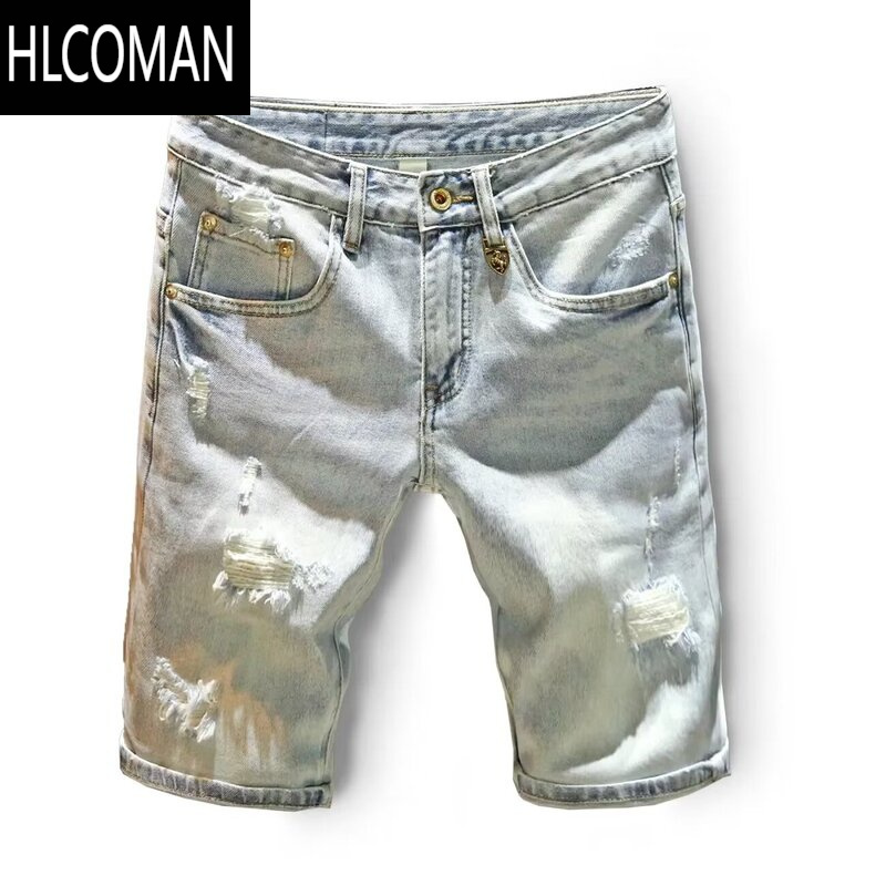HLCOMAN浅色破洞牛仔裤男高端夏季薄款宽松短裤潮牌印花休闲百搭五分裤子