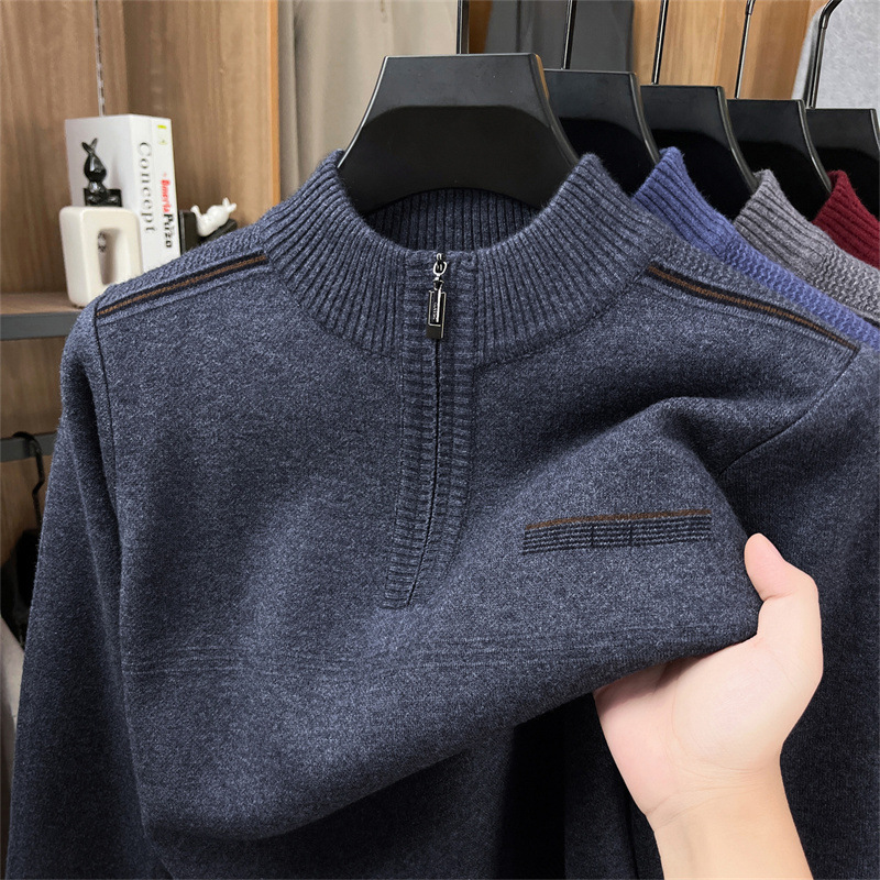 拉链款加厚毛衣男2025秋冬新款中年爸爸半高领提花针织打底衫高清大图