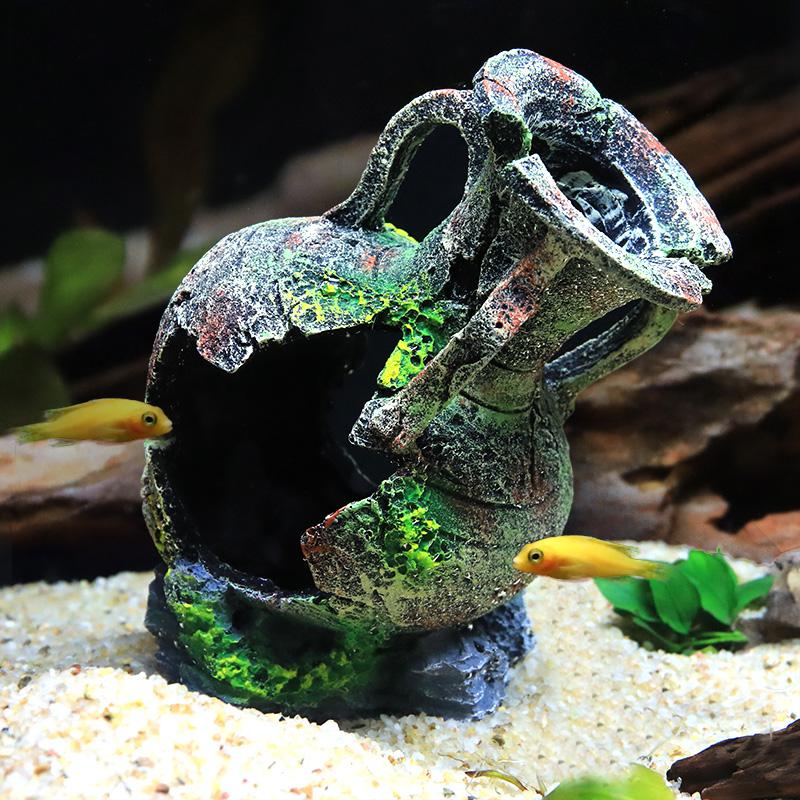 鱼缸水族箱三湖慈鲷鱼罐躲避屋虾屋躲避洞穴破旧罐子复古花瓶陶罐高清大图