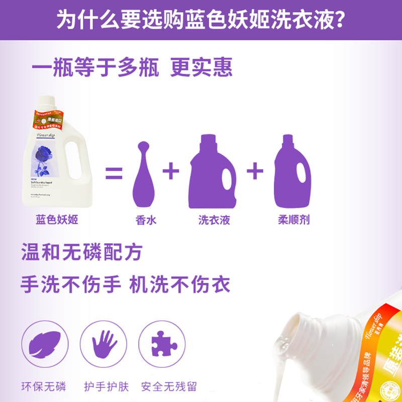 花卉诗(Flower ship)西班牙进口 蓝色妖姬洗衣液2L 手洗机洗专用 深层清洁 亮衣护色 天然温香 味持久花香