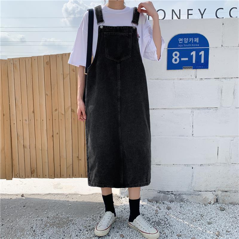 洋气减龄牛仔背带裙女夏2020新款大码胖mm宽松BF中长款吊带连衣裙 黑色 S码[90-100斤]