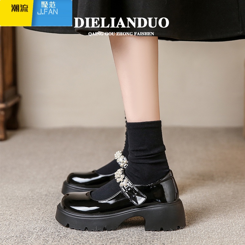 聚范玛丽珍小皮鞋女款2024新款夏季厚底女鞋子百搭黑色单鞋粗跟高跟鞋高清大图