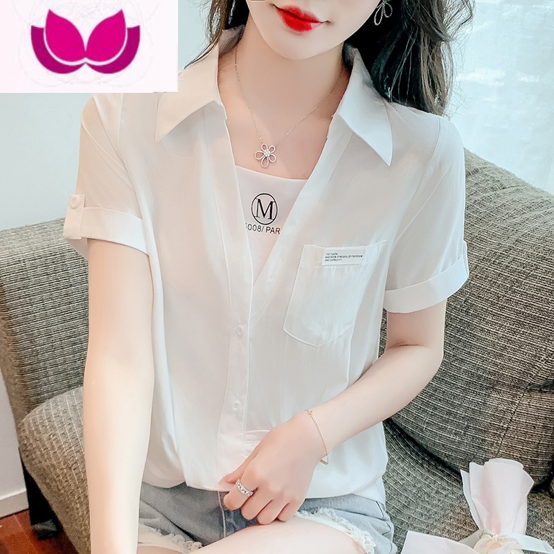 七斓假v领短袖t恤夏季女装2023年新款设计感小众短款上衣雪纺衬衫 白色 M