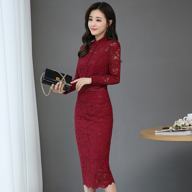 女士秋装新品立领高腰套头韩版时尚中长款连衣裙长袖印花修身裙潮