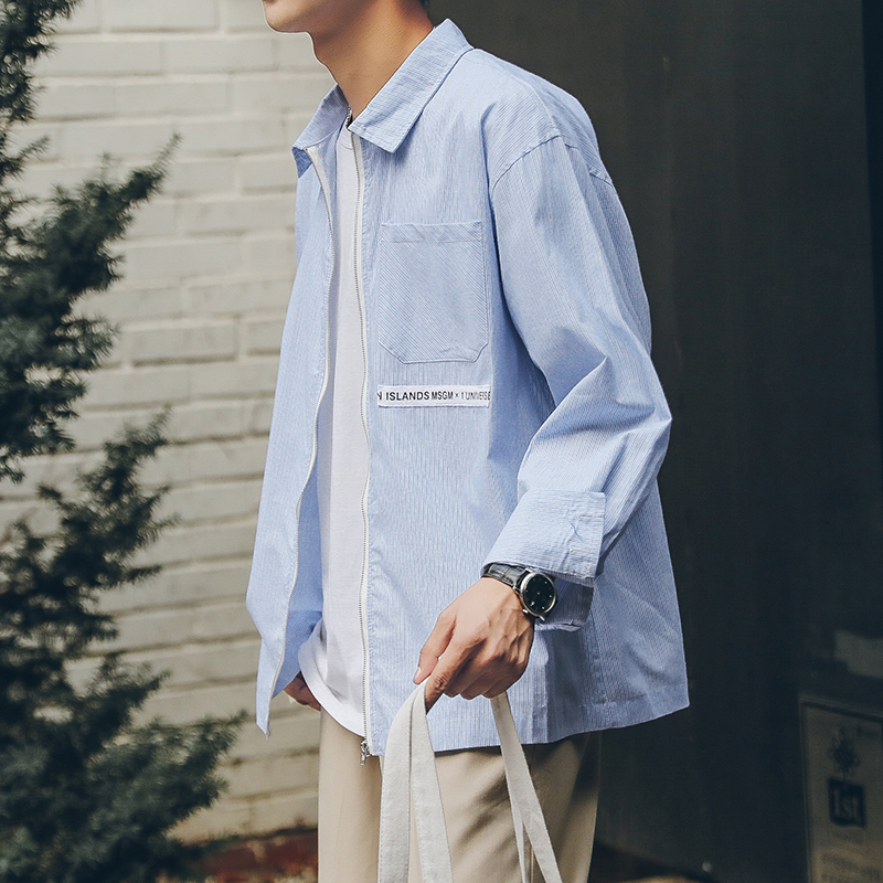 春装青年条纹拉链长袖衬衫男青少年小清新衬衣学院风时尚衣服帅气