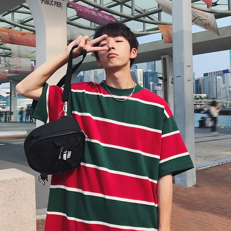 2018夏款男士条纹短袖T恤韩版时尚半袖上衣服港风圆领半截袖体恤