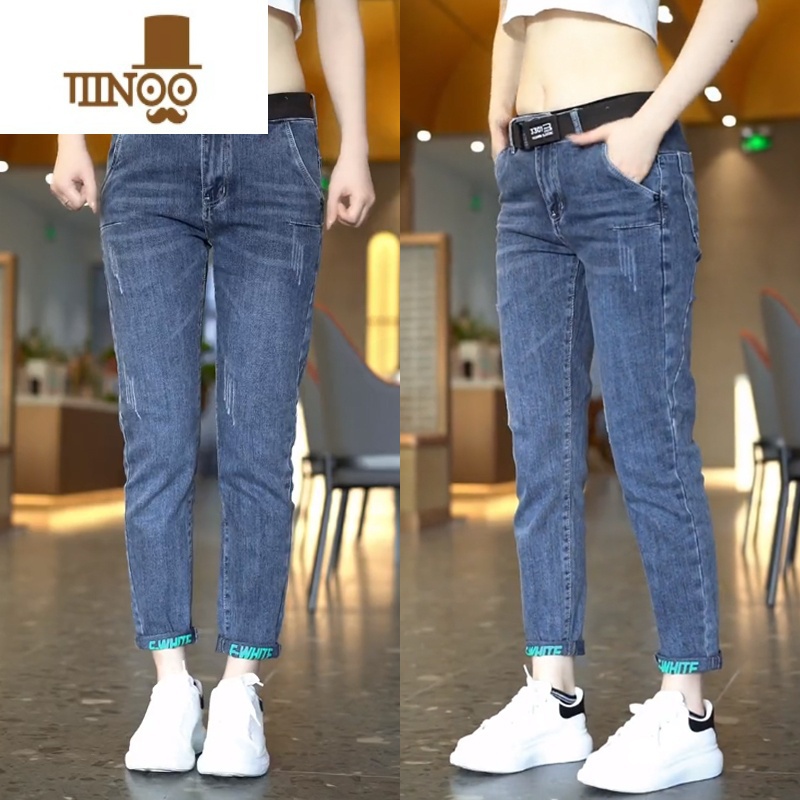 YANXU夏季修身小脚牛仔裤男款潮牌水洗印花休闲裤子男士时尚百小仔裤仔高清大图