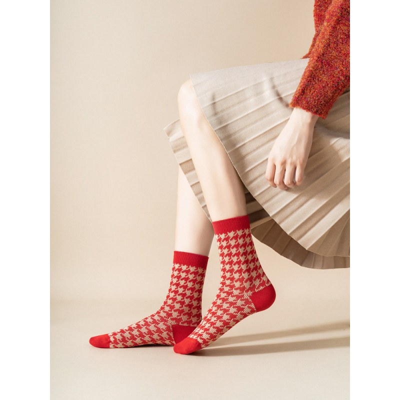 可莉允过年穿的红袜子女中筒袜棉复古格子花边本命年大红色结婚新娘袜