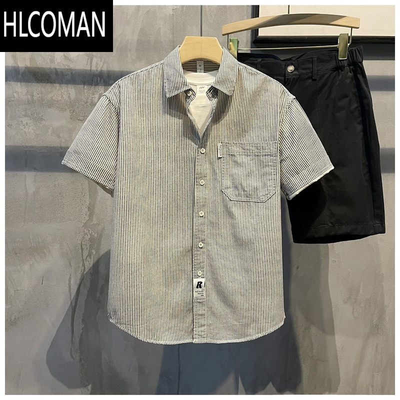 HLCOMAN休闲短袖衬衫时尚撞色条纹衬衣男2024夏季新款翻领叠穿外搭寸衣
