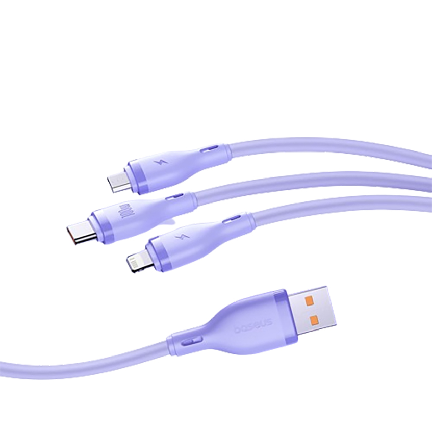 倍思数据线三合一充电线100W/66W充电器线适用华为mate60pro荣耀/苹果/小米手机平板车载线1.5米紫