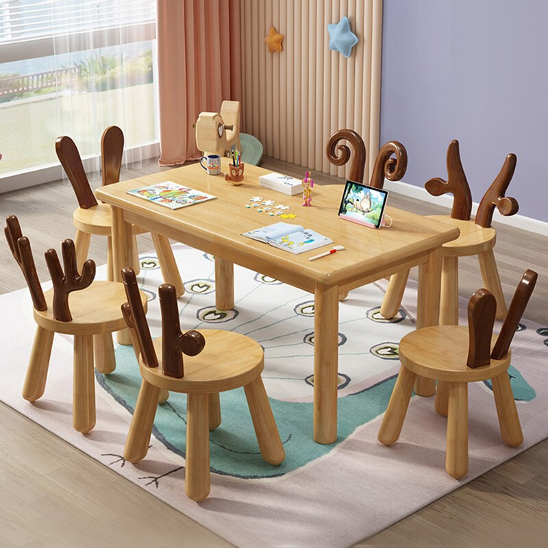 绵冠(MIANGUAN)实木学生学习桌简约小方桌幼儿园桌椅套装早教课桌椅学习桌宝贝饭桌 一桌六椅（1米原木色）