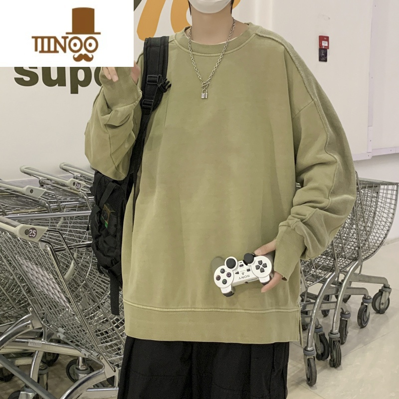 YANXU长袖t恤男宽松圆领纯色百搭上衣港风痞帅休闲打底衫韩版卫男高清大图