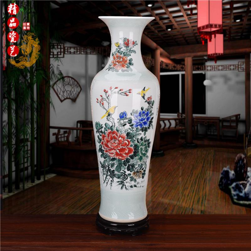 器花瓶手绘粉彩花开富贵1米落地现代客厅家居大号摆件收纳袋 三维工匠 1.4米荷韵_620