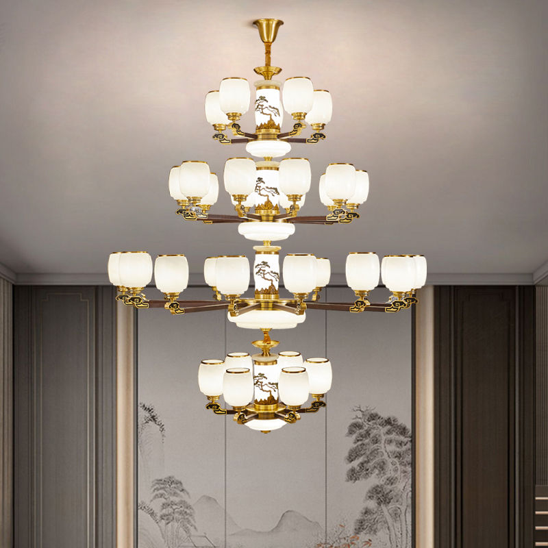 新中式全铜红木大吊灯轻奢大气客厅别墅复式楼中空大厅餐厅灯具