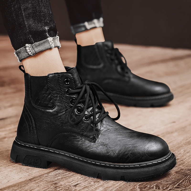 述雅复古马丁靴男黑色秋季厚底增高英伦风皮靴高帮沙漠工装靴休闲潮鞋