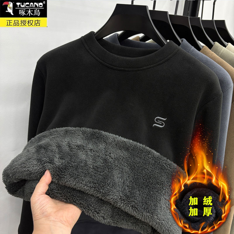 超厚驼绒】一体绒卫衣男士加绒加厚2025新款冬季圆领奥粒绒打底底高清大图