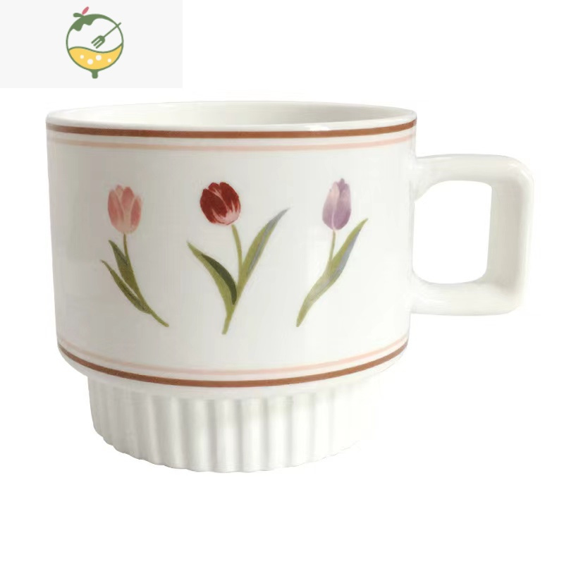 YICHENG手绘郁金香 ins复古法式浪漫花卉陶瓷杯马克杯牛奶咖啡杯早餐杯茶具