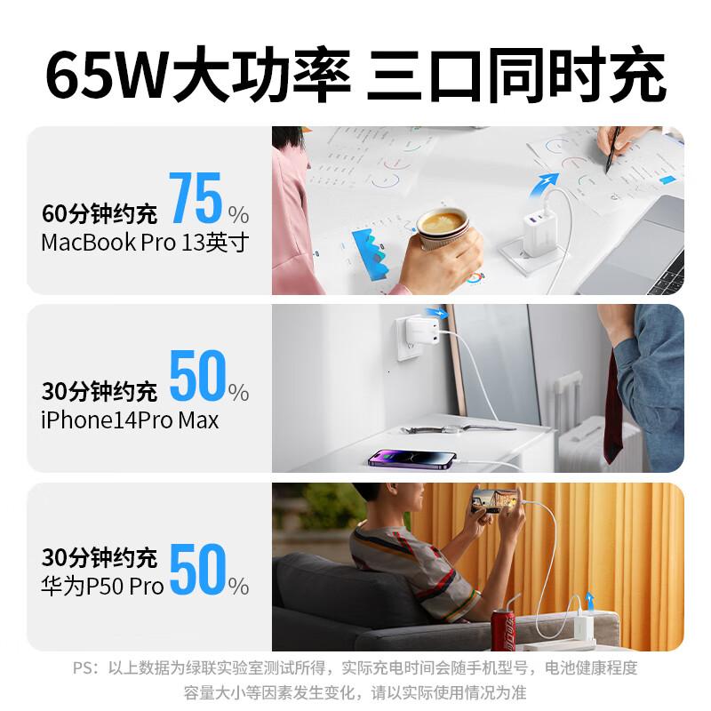 绿联氮化镓充电器65W多口快充头USB/Type-C兼容45W适用苹果16e华为Mate70电脑iPad高清大图