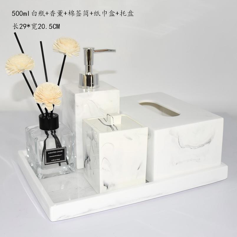 小窝厘 轻奢酒店大理石纹卫浴五件套- 白仿500+方棉+小纸巾盒+香薰+大号平底托盘*高清大图