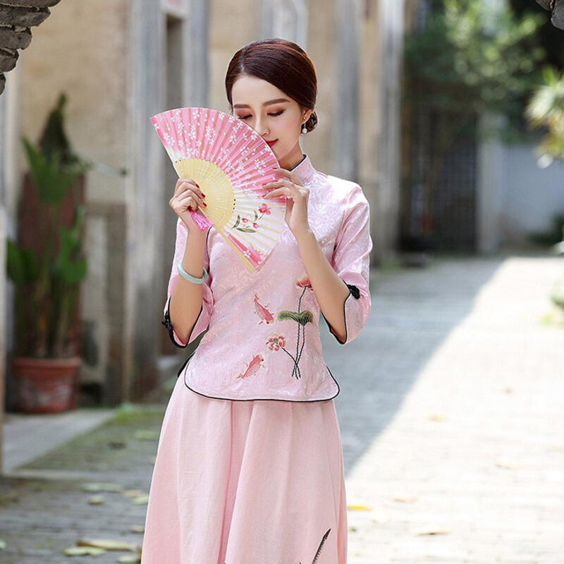 民国风女装唐装改良旗袍上衣中国风古装服装复古盘扣棉麻茶服套装浅蓝上衣+浅蓝手绘画大摆裙一套3005