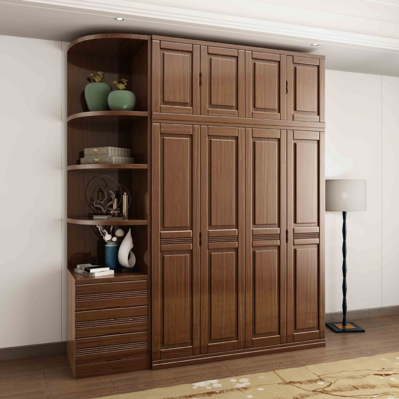 金丝胡桃木衣柜全实木对开四五六中式加顶边柜大衣橱一件代发