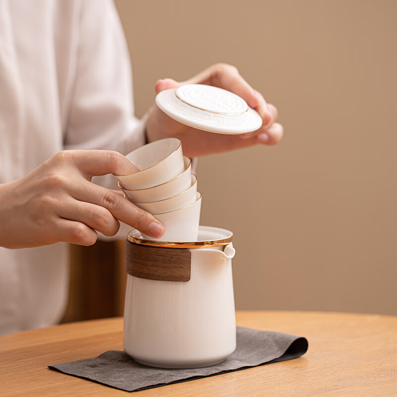 苏氏陶瓷(SUSHI CERAMICS) J1034 羊脂玉瓷手抓壶快客杯-手抓壶品茗杯 6件套 (单位:套)高清大图