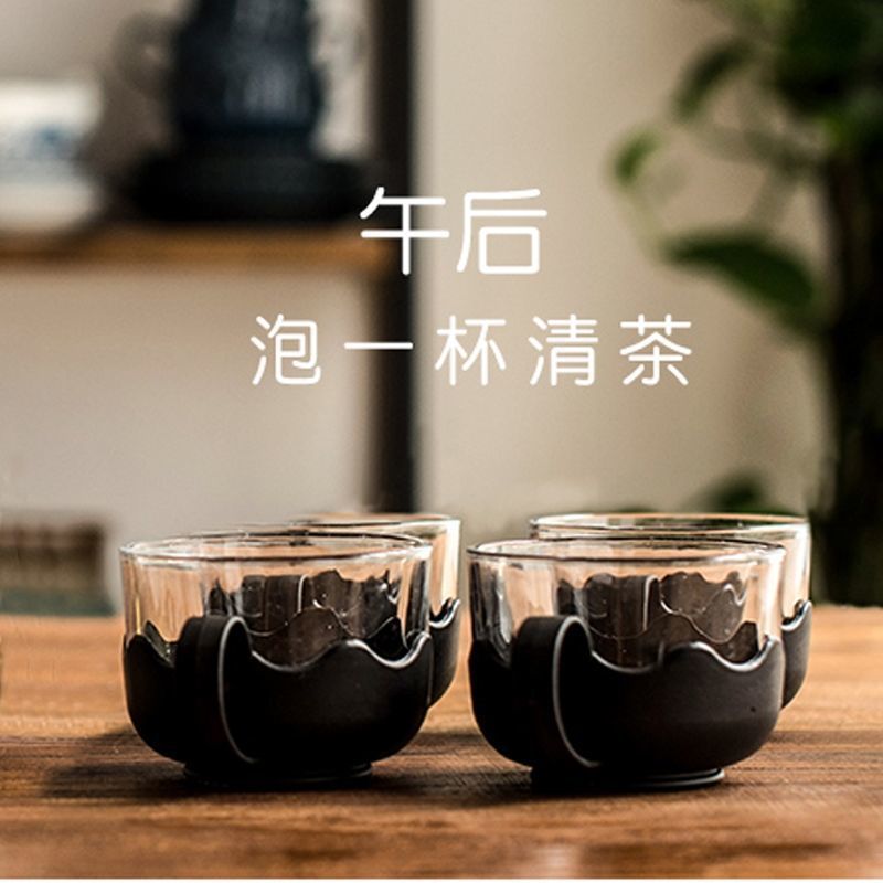 防烫莲花茶杯带把水杯玻璃杯套装北欧风杯子办公室待客泡茶杯 4个杯子