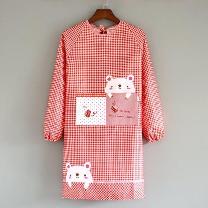 长袖涤纶口袋熊红色围裙家用厨房夏季全棉情侣围兜大人轻薄围裙布料