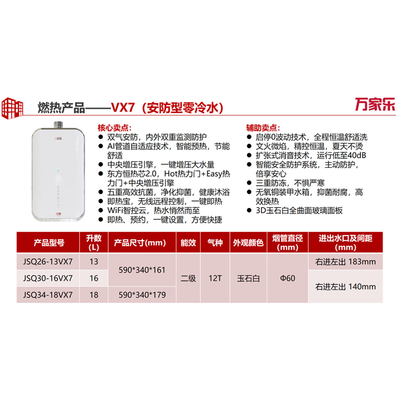 万家乐天工系列中央零冷水 16升 燃气热水器JSQ30-16VX7 双气双防 大宅热水即开即来 实体店在售机型