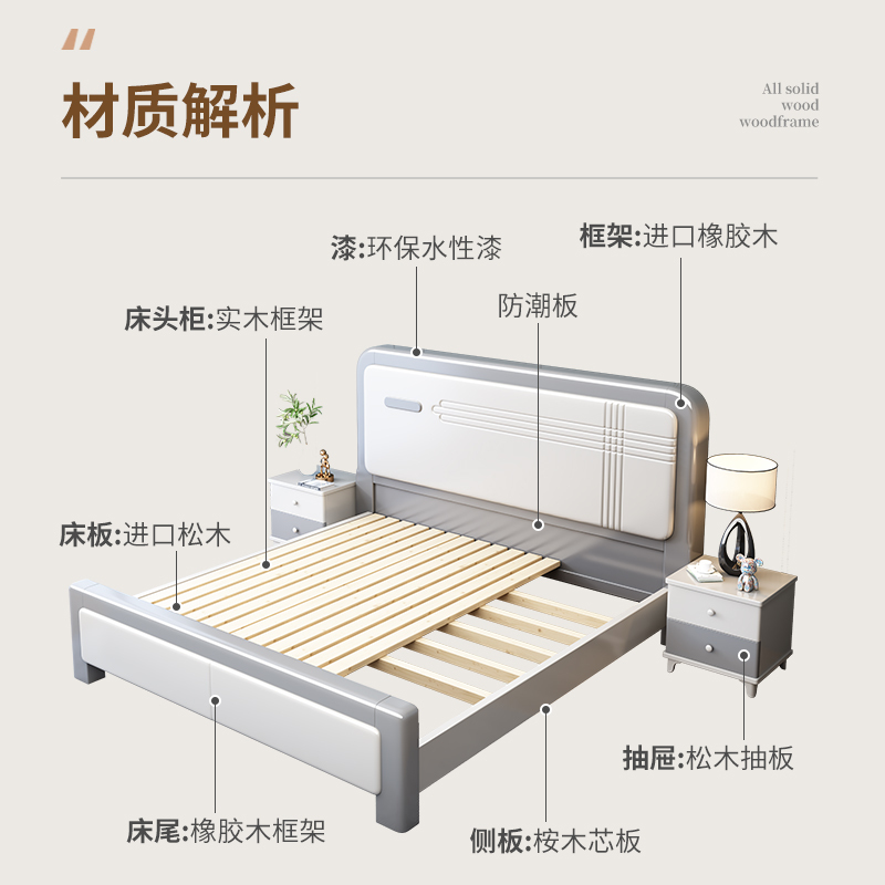 新中式床实木床双人床橡胶木白色现代简约1.8米主卧双人床1.5米高清大图
