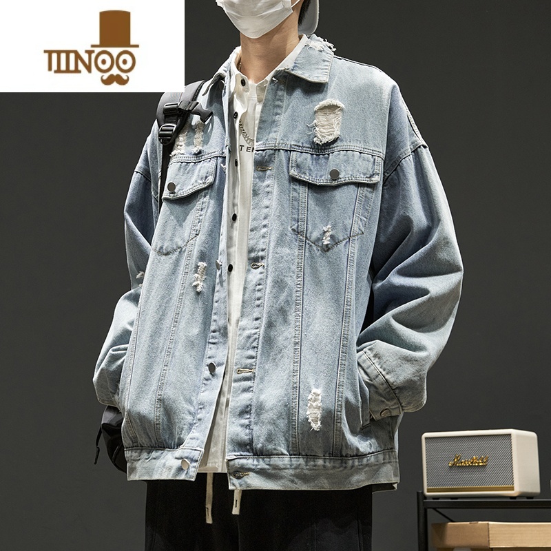 YANXU牛仔外套男款男生水洗破洞工装夹克上衣秋季美式高街潮牌男装高清大图