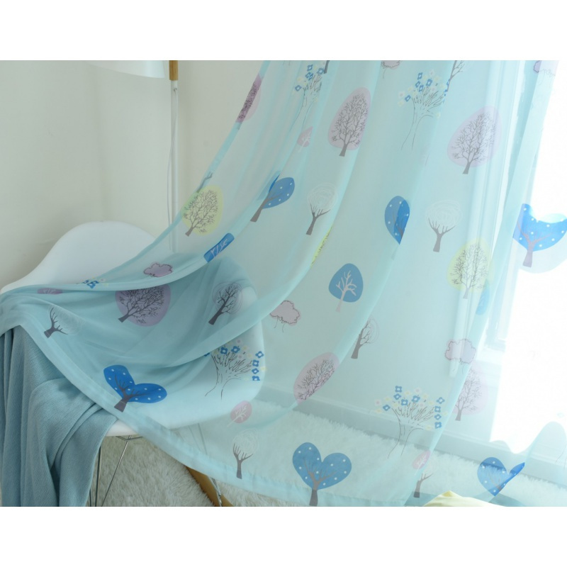 家柏饰(CORATED)北欧窗帘遮光成品定制简约现代百搭卧室儿童房男孩女孩落地窗飘窗 蘑菇树蓝色配套纱 宽1.5高2.7挂钩加工