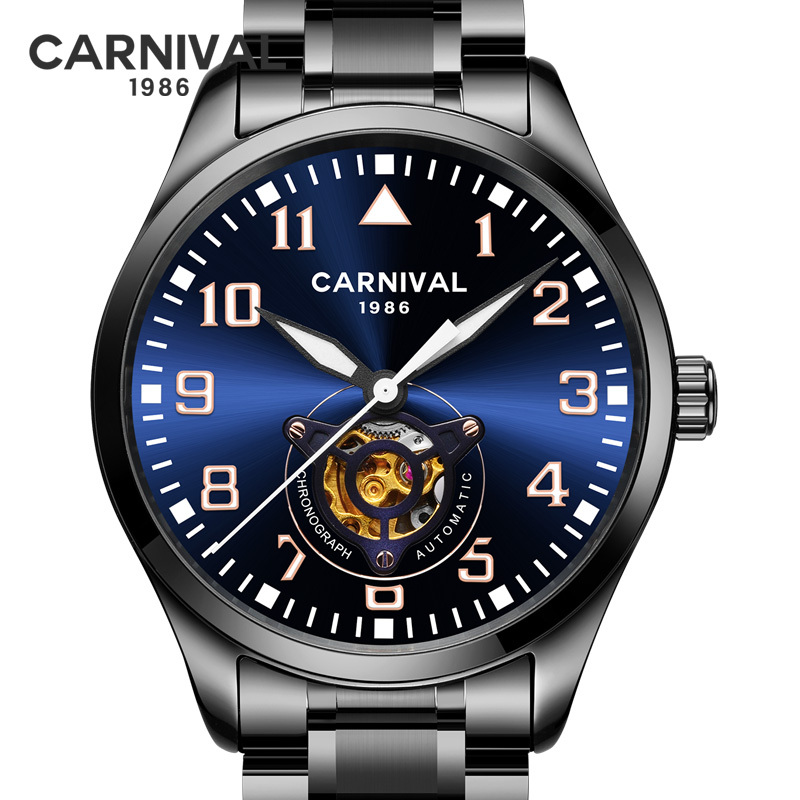 嘉年华Carnival手表新款全自动机械表 男全酷黑钢表男款精钢纤薄款男士夜光防水休闲金属腕表镂空男表8810G高清大图
